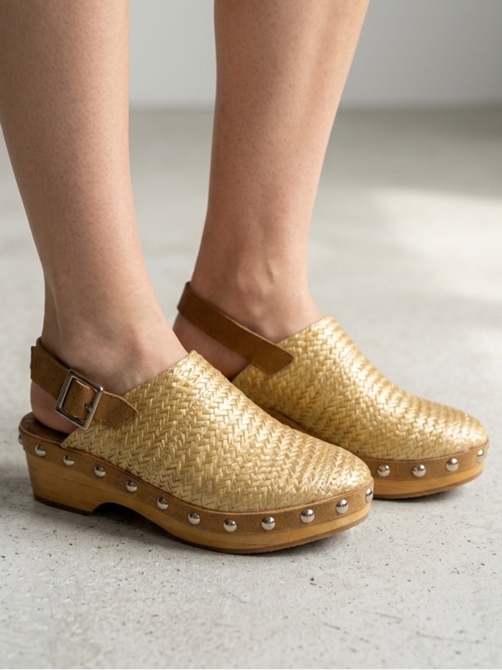 Kelsi Dagger Gold Woven Slingback Clogs